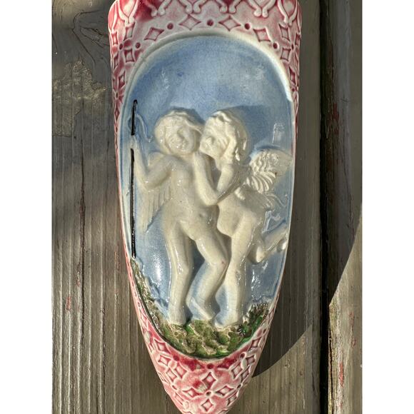 Vintage Ceramic Cherub Angel Wall Pocket Vase 6.5 pink blue Made in Japan - Picture 3 of 14
